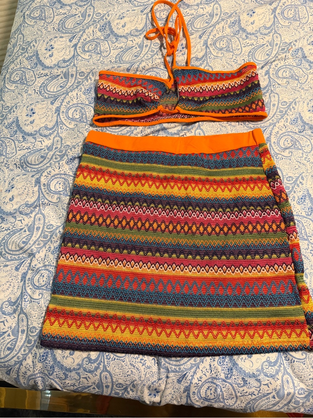SHEIN Multicolor Striped Knit Mini Skirt with Orange Waistband